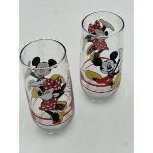Vintage Mickey & Minnie Mouse Cartoon Glass Tumblers Set Of 4